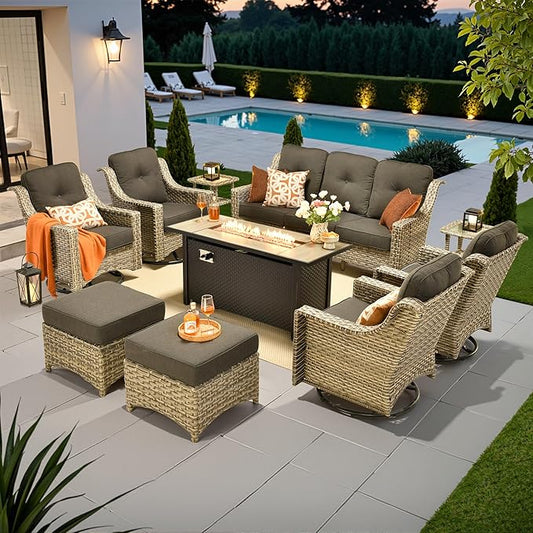 10 PCS Outdoor Patio Furniture Sets, Patio Conversation Sets Outside Rattan Soft Cushion Sofa with 4 Wicker Rocking Chairs & 54 in Fire Pit Table Fit Backyard Porch Garden Poolside Balcony,Black