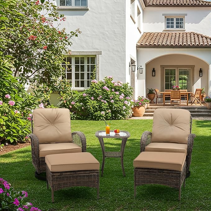 EROMMY 5 Pieces Outdoor Swivel Rocker Patio Chairs, 360 Degree Rocking Patio Conversation Set with Thickened Cushions, Glass Coffee Table and Ottomans for Backyard, Khaki