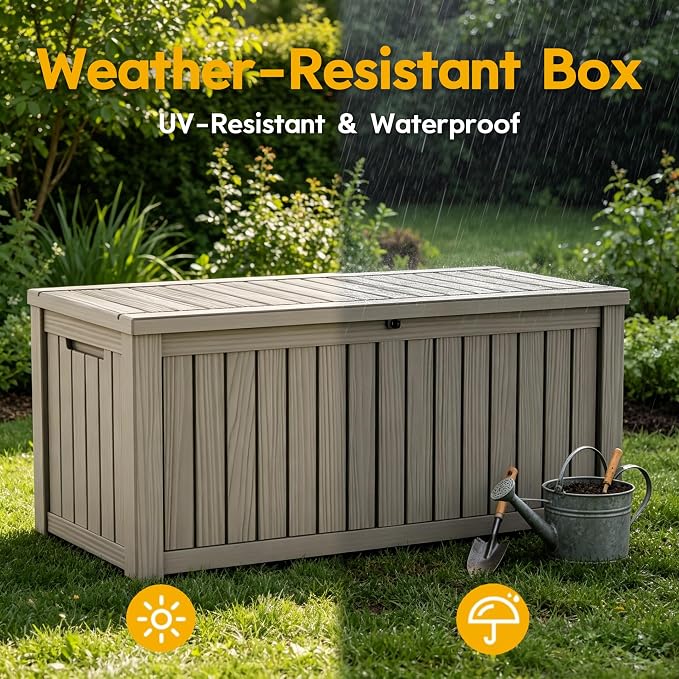 LAUSAINT HOME 200 Gallon Resin Deck Box with Hydraulic Pistons, XXL Waterproof Outdoor Storage Bench for Large Cushions, Lockable Patio Bin for Pool and Garden (Light Brown)
