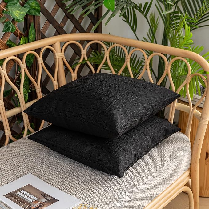 Kevin Textile Outdoor Waterproof 20”x20” Pillow Covers 2 Pack, Black | Water Resistant, Soft Faux Linen-cotton Yarn-dyed Woven Texture Throw Pillow Covers for Tent Patio Garden Couch Sofa