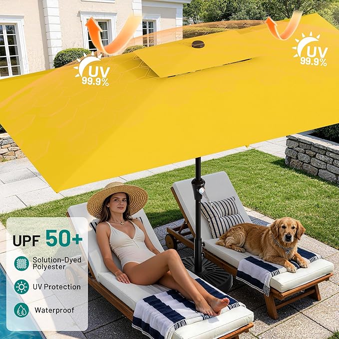 AreShark 6.5'x10' 2 Tiers Rectangular Patio Umbrella - Outdoor Umbrella Waterproof UV Protection, Market Table Umbrella w/Push Button Tilt for Pool, Lawn, Balcony(Yellow)