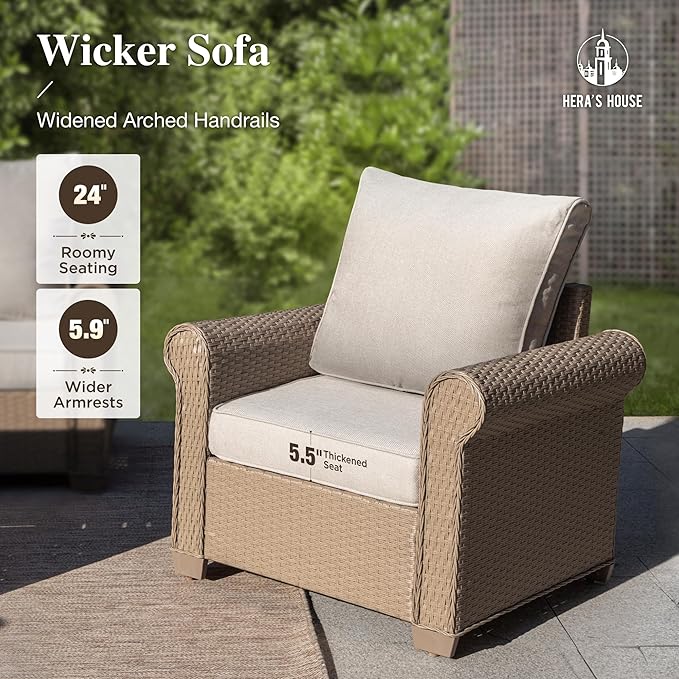 HERA'S HOUSE 8 Pieces Patio Furniture Set, All Weather 9 Seats Outdoor Wicker Sofa with Ottomans, Rattan Patio Conversation Set with 5.5" Cushions and 57" Fire Pit Table, Beige