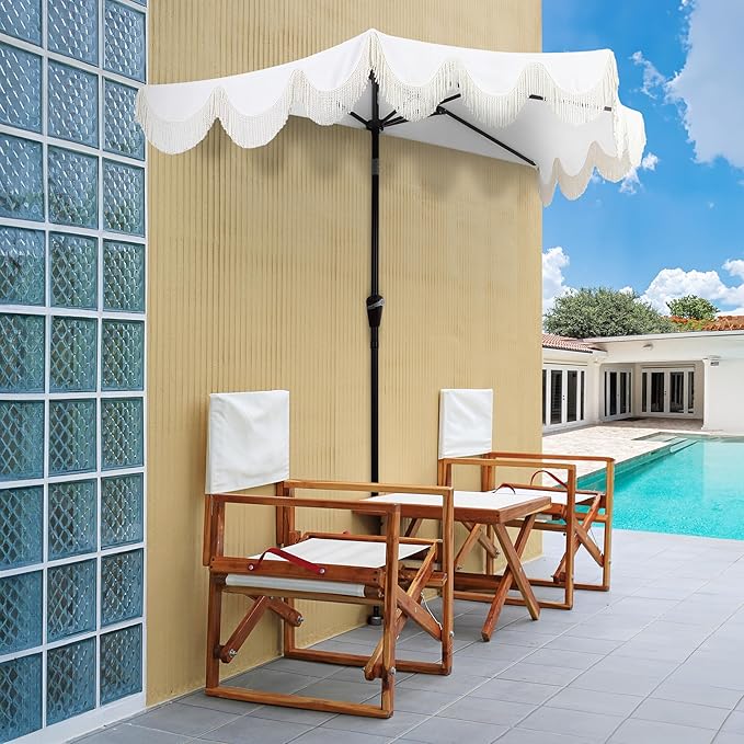 JONATHAN Y Beverly 9 ft. Coastal Cream and White Striped Half Patio Umbrella with Scalloped Fringe, Crank Lift, and Manual Tilt for Balcony, Dark Brown Pole UMB1201D
