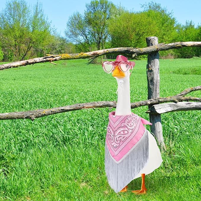 Disco Cowgirl Porch Goose Outfit 23" Cement Goose Statue Fringe Bandana Sunglasses for Summer Lawn Desk Patio Yard (Pink)