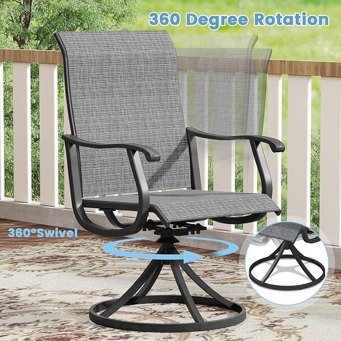 DIFY Patio Table and Chairs Set for 6, 7 Piece Outdoor Dining Set, 53.1" Black Round Metal Dining Table with Umbrella Hole and 6 Dark Grey Textilene Swivel Patio Chairs, for Garden Backyard Deck