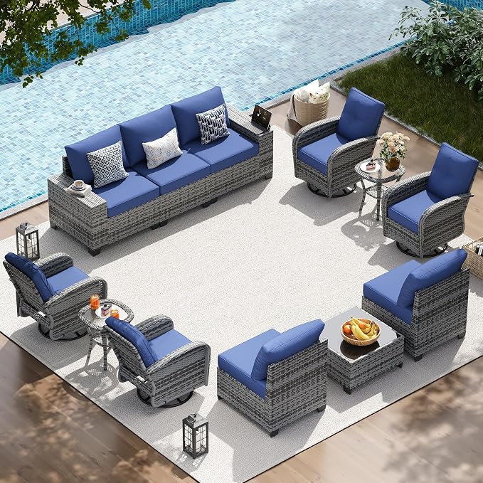 LazySunsets 12 PCS Patio Furniture Set, Outdoor Sectional All-Weather Wicker Conversation Set with Swivel Rocker Chairs, 4'' Thick Cushions for Backyard Poolside(Navy/Grey)