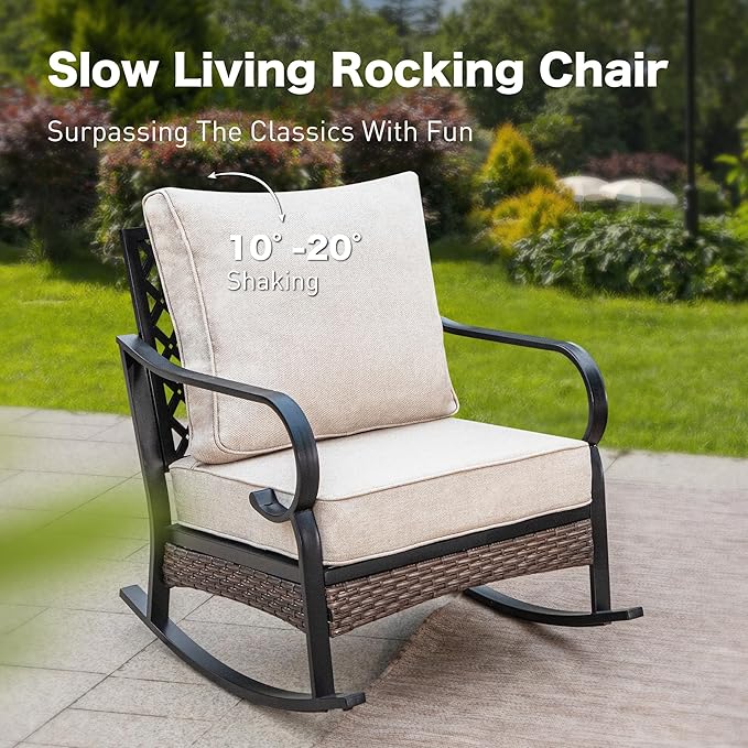 4 PCS Metal Outdoor Patio Furniture Set, Patio Conversation Sets 1 3-Seater Sofa, 2 Rocking Chairs with 5.75" Extra Thick Cushion & Coffee Table, Black Frame Backyard Furniture, Beige