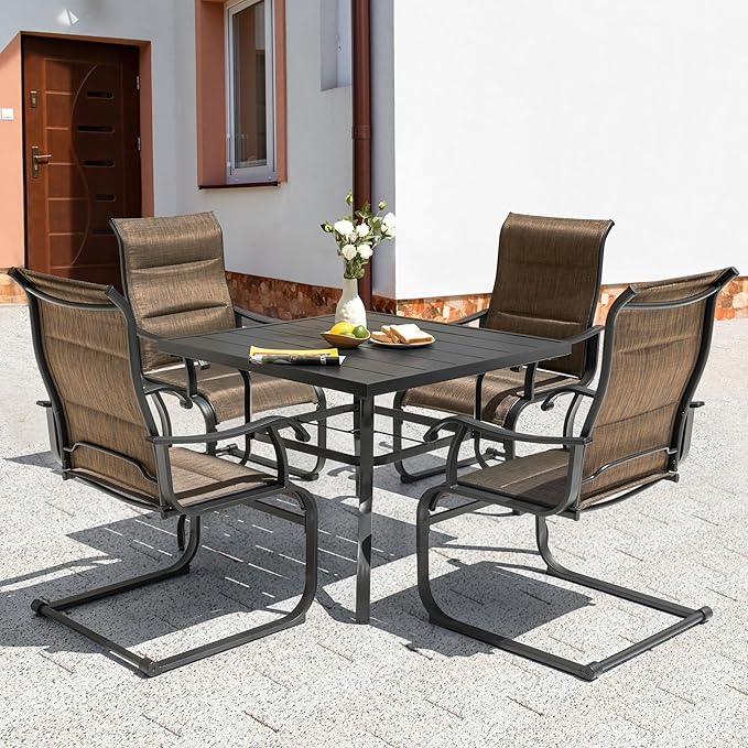 NUU GARDEN 5 Piece Outdoor Dining Set, 4 All Weather Outdoor Padded Textilene Patio Chairs and 37" Square Dining Table with 1.57" Umbrella Hole, for Backyard, Patio, Garden, Brown and Black