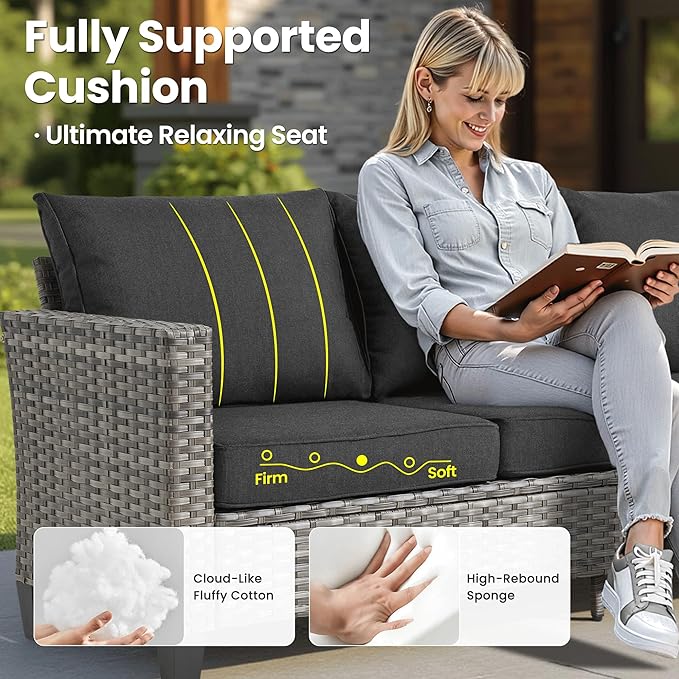 ovios 6 Pieces Patio Furniture Set with 54" Fire Pit Table, Outdoor Wicker Sofa with Comfy Cushions, All Weather High Back Rattan Couch Conversation Set, Black