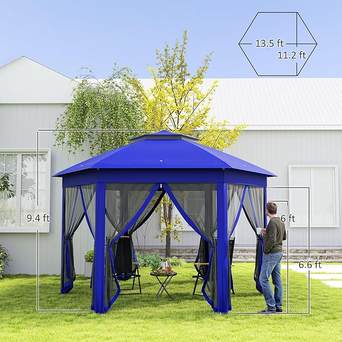 Outsunny 13' x 13' Pop Up Gazebo, Hexagonal Canopy Shelter with 6 Zippered Mesh Netting, Event Tent with Strong Steel Frame for Patio Backyard Garden Wedding Party, Dark Blue and Black