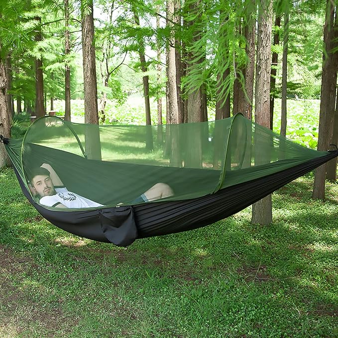 LFL Portable Camping Hammock with Mosquito Net, 1 or 2 Person Outdoor Swing Hammock, Nylon Parachute Material, Quick Opening Outside Hammock with Net, Hiking Travel Courtyard (Black)