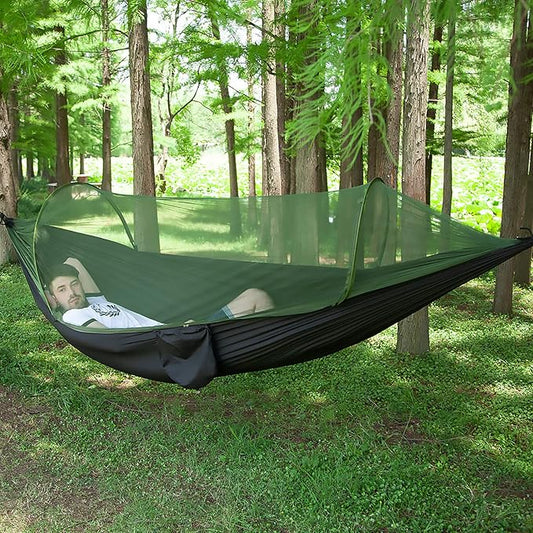LFL Camping Hammock with Mosquito Net, Hammocks with Net 13ft Tree Straps Carabiners, Automatic Quick Open Outdoor Portable Hammock, Nylon Parachute Material Outside Hammocks Bug Net (Black)