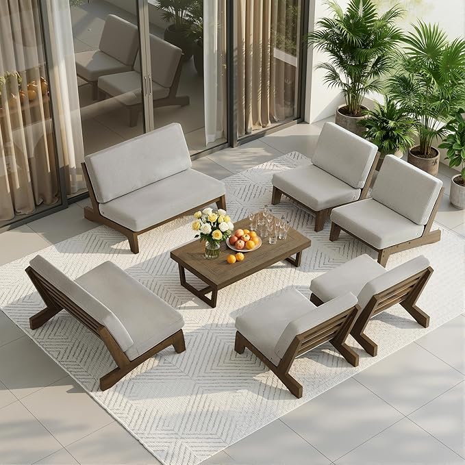 UIXE 7 Pieces Wood Patio Furniture Sets, 2 Patio Loveseat, 4 Patio Bistro Chair, All Weather Outdoor Sectional Sofa Furniture Backyard Conversation Set with Coffee Table - Light Camel