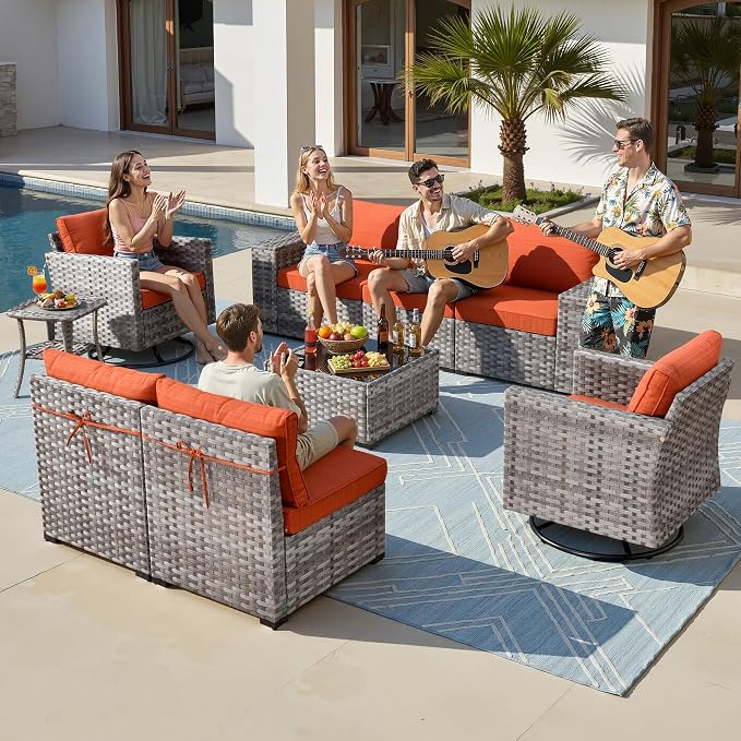 9-Piece Patio Furniture Set, Outdoor Wicker Furniture Sectional Set with Coffee Table, High Back Swivel Rocker Patio Chairs, Modern Rattan Outdoor Conversation Set for Porch, Balcony, Orange-Red