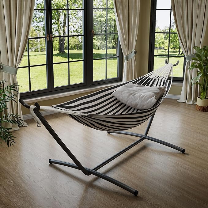 Hammock with Stand for Outside，450 lb Weight Capacity Double Hammock，Heavy Duty Steel Frame，Premium Carry Bag, Portable Hammock for Indoor, Patio, Beach - Black