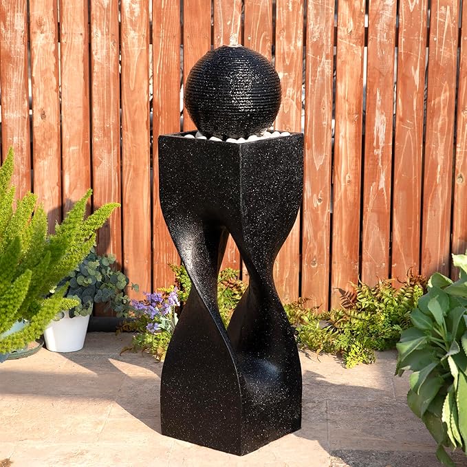 Glitzhome Outdoor Water Fountain, 40.5" H Polyresin Outdoor Fountain with Pebbles, Pump and LED Light, Modern Geometric Pedestal and Sphere Garden Fountain Waterfall for Patio, Backyard, Porch, Deck
