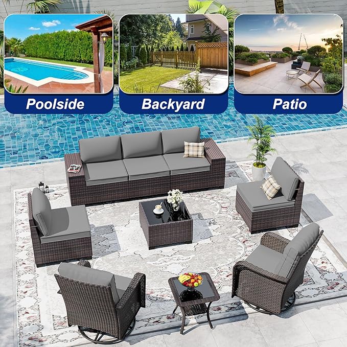 9 Pieces Patio Furniture Set with 2 Swivel Chairs Patio Furniture Outdoor Sectional Sofas Outdoor Patio Conversation Set - Grey