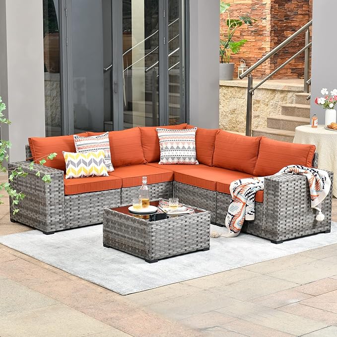 HOOOWOOO Outdoor Patio Sectional Furniture Sofa Set with Widened Armrest,6 Piece Small Modern Wicker Couch,Modular L Shaped Conversation Seating Set with Table for Out Door Garden Corner(Orange Red)