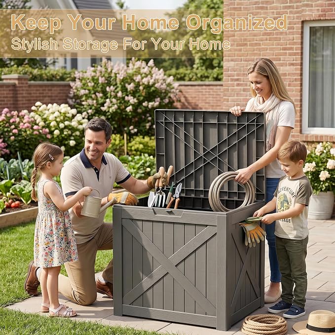 35 Gallon Waterproof Resin Deck Box, Outdoor Lockable Storage Bins Container Container for Patio Cushions Garden Tools Delivery Box, Grey