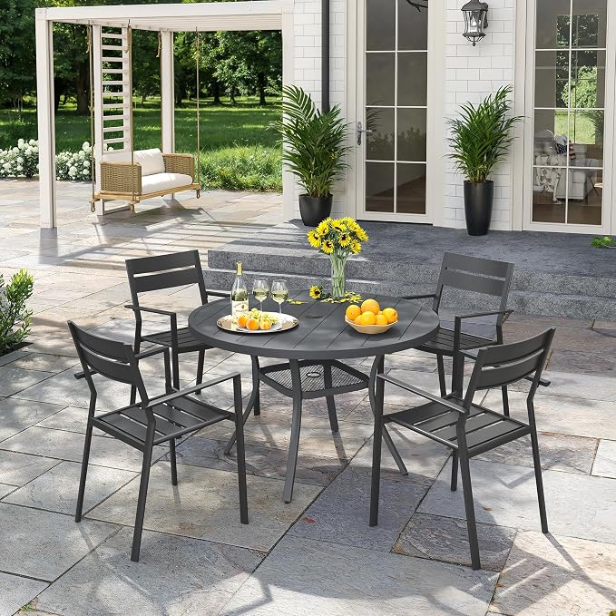 VICLLAX Patio 5 Pieces Outdoor Dining Set, Wrought Iron Metal Outdoor Table and Chairs Set, 40.6" Round Table with Umbrella Hole and 4 Stackable Chairs for Lawn, Garden, Porch, Dark Grey/Black