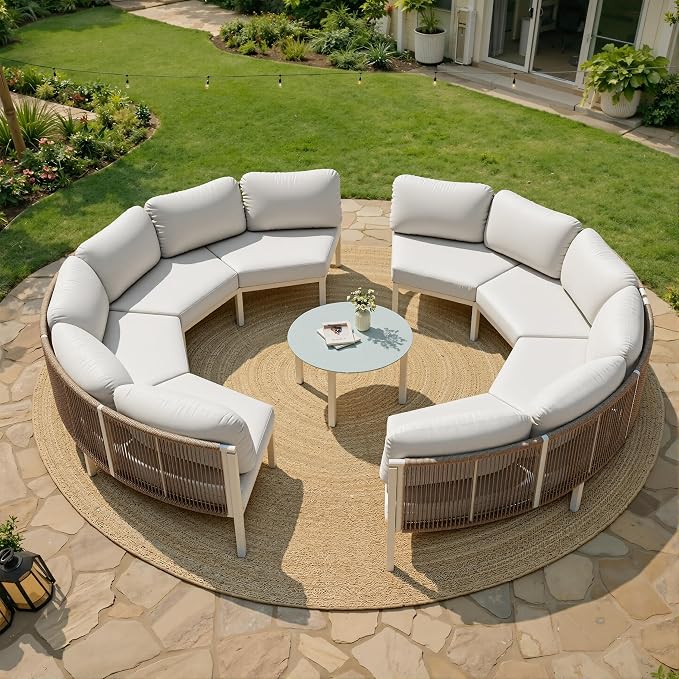 Crestlive Curved Patio Furniture Set, Modular Half Moon 8-Seater Sofa with Round Coffee Table, Aluminum Outdoor Sectional with 4.3" Cushions, All-Weather Couch for Backyard, Deck, Porch, Poolside