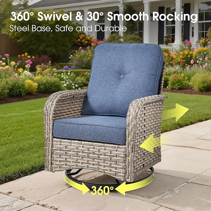 Rattan Patio Furniture Set with Fire Pit Table,9 Pieces Outdoor Sectional with Swivel Chairs Ottoman,Out Door Furniture Conversation Set,Denim Blue