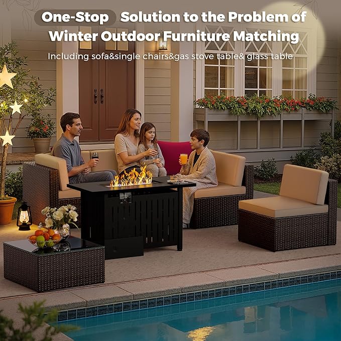 Flamaker 7 Pieces Patio Furniture Set with Fire Pit Table Outdoor Sectional Patio Sofa Furniture Set with Gas Fire Pit and Coffee Table & Ottoman Cushion Pillows, Beige