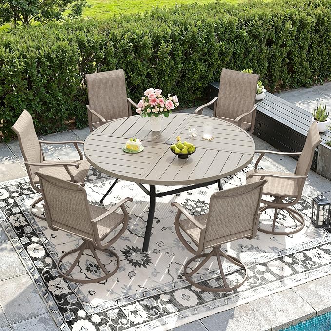 DIFY Patio Table and Chairs Set for 6, 7 Piece Outdoor Dining Set, 50" Grey Wood-Like Round Metal Dining Table with Umbrella Hole and 6 Sandshell Textilene Swivel Patio Chairs, for Garden Backyard