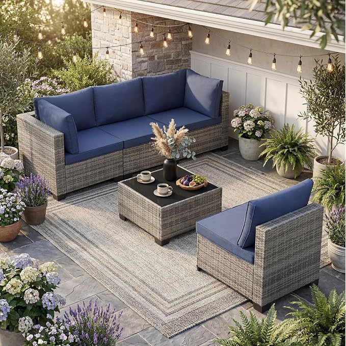 ANJ 5 Piece Outdoor Wicker Patio Furniture Set, Modular Loveseat Sofa with with Glass Top Coffee Table, All-Weather Rattan Conversation Couch Set for Balcony, Backyard, Light Grey Wicker-Blue