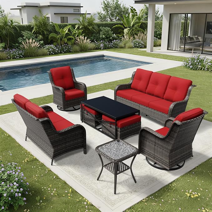 Joyside 8 Piece Wicker Patio Furniture Set, Outdoor Swivel Rocker Patio Chairs with High Back, Deep Seating, Wide Armrest, Thickened Cushions, Outdoor Furniture for Deck, Porch Use