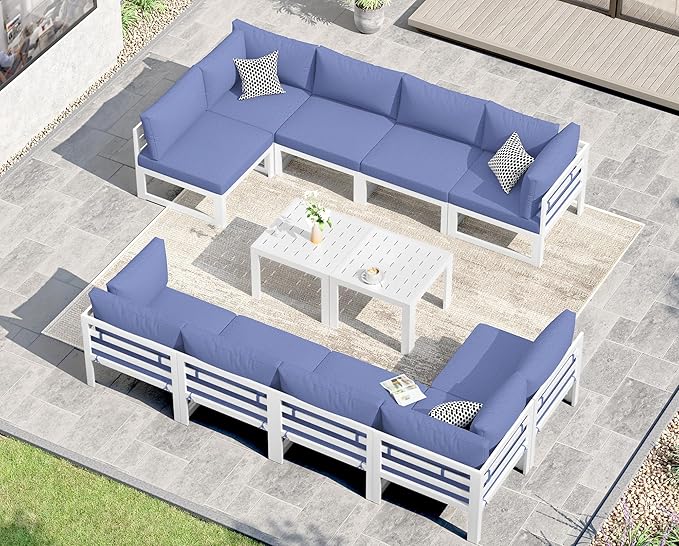 NICESOUL 12 Piece Oversized Modern Aluminum Outdoor Patio Furniture Set with Coffee Table, 29" Wide Deep L-Shaped Sectional Sofa, 500lbs Heavy Duty Comfortable Poolside Conversation Set, Denim Blue