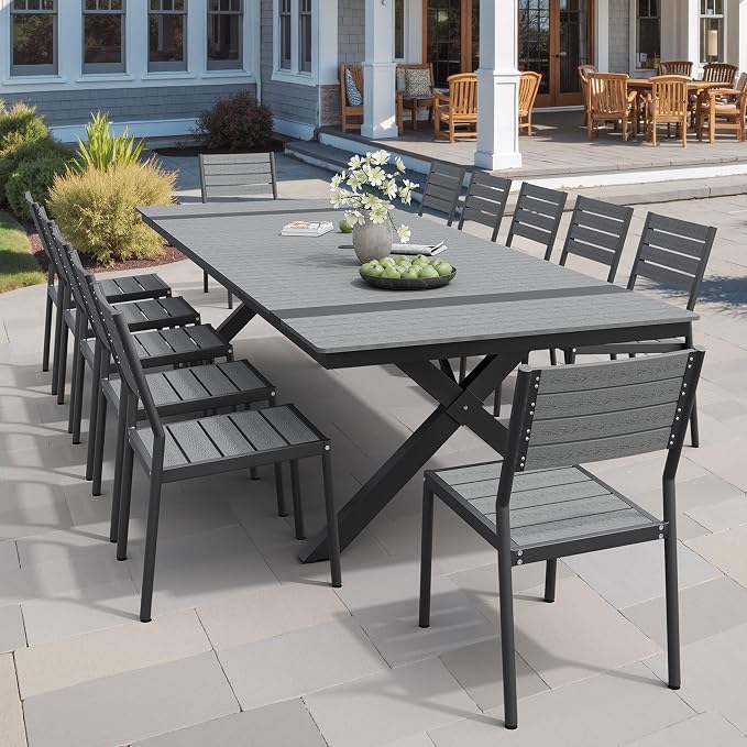 Pellebant 13 Piece Patio Table and Chairs Set for 12, Aluminum Outdoor Dining Set, Stackable Dining Chairs with Armless & 118" Dining Table, Grey