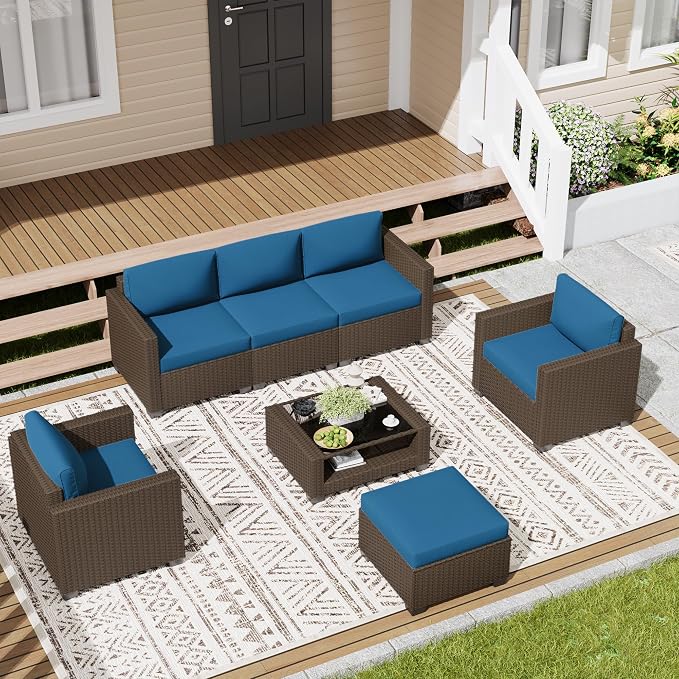LOUVIXA 7 Piece Outdoor Patio Furniture Set, Rattan Chairs Glass Table Wicker Conversation Seating Sectional Sofa with Cushions (Brown-Peacock Blue, 7Pcs-2 Layer Coffee Table)