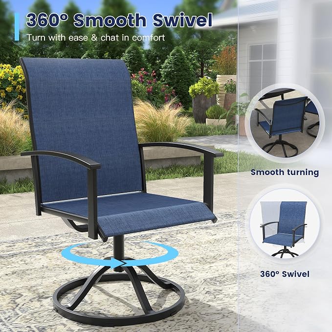 VICLLAX Outdoor Table and Chairs Set for 4, Patio Dining Set of 37.8" Metal Square Patio Table with Umbrella Hole & 4 Swivel Outdoor Dining Chairs for Backyard Lawn, Dark Blue & Black