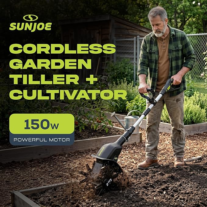 Sun Joe Cordless Garden Tiller & Cultivator with Telescopic Pole, Auxiliary Handle & 6-Inch Steel Blades, 24V, Tool Only - Heavy-Duty Tilling Machine for Lawn, Yard, and Gardening Care, 24V-TLR-CT