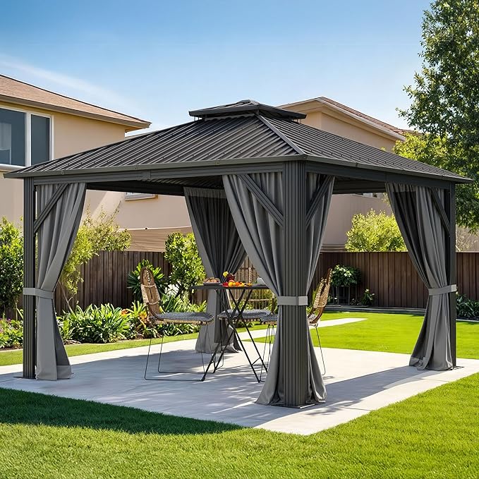 DWVO 12x12ft Gazebo Double Roof Hardtop with Nettings and Curtains, Heavy Duty Galvanized Steel Outdoor Vertical Stripes Roof for Patio, Backyard, Deck, Lawns, Grey