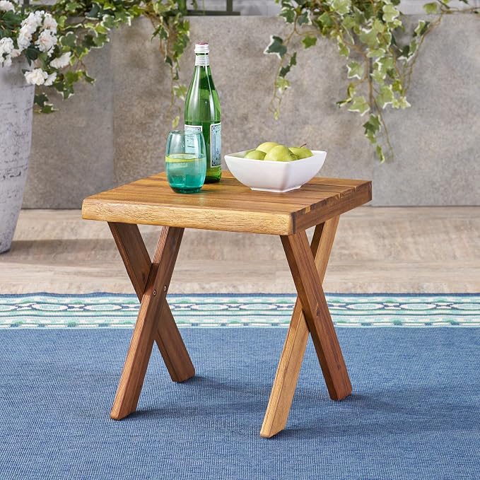 IRONORA Natural Acacia Wood Outdoor Side Table, Square Slatted Top Patio End Table with X-Shaped Legs, Weathered Teak Finish for Backyard Garden Balcony