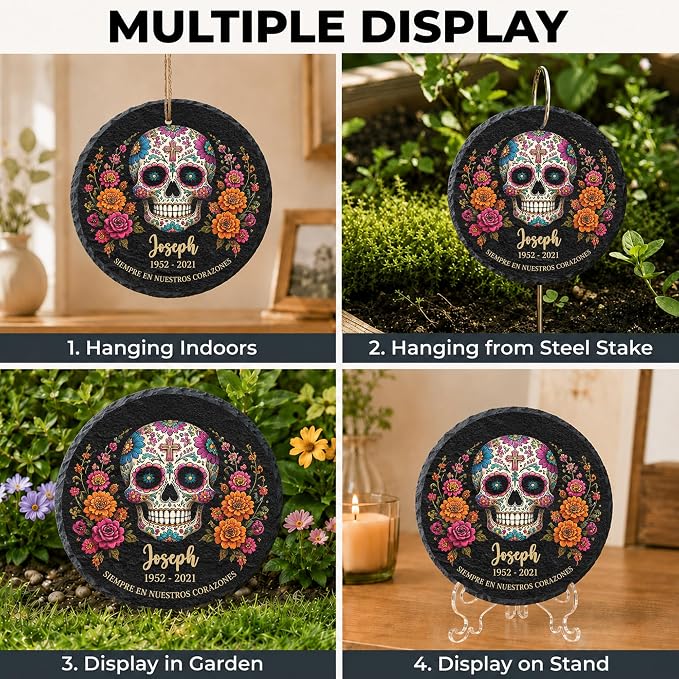 Personalized Sugar Skull Memorial Garden Stone, Dia de los Muertos Garden Stones for Loss of Loved Ones, Bereavement Sympathy Gift, Grieving Gifts, Weatherproof Outdoor Memorial Natural Stone