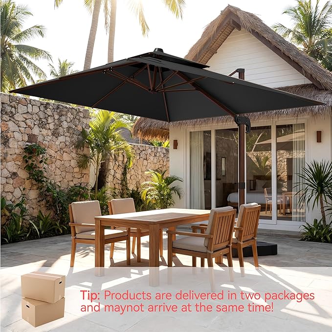 10x13 FT Wood Pattern Patio Umbrella with Base, Large Deluxe Cantilever Rectangular Double Top Heavy Duty Offset Umbrellas with 360° Rotation, Outdoor shade for Garden Pool Patio, Black