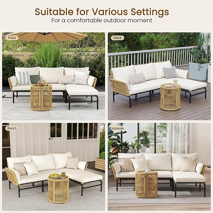 Yaheetech 3 Pieces L-Shaped Conversation Sofa Set, Outdoor Patio Furniture Set w/Detachable Lounger, Thick Cushions, Glass Side Table for Patio, Backyard, Porch, Garden
