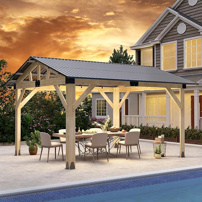 12' × 14' Wood Gazebo, Outdoor Cedar Hardtop Wooden Frame Gazebos with Galvanized Steel Roof for Garden, Patio, Deck