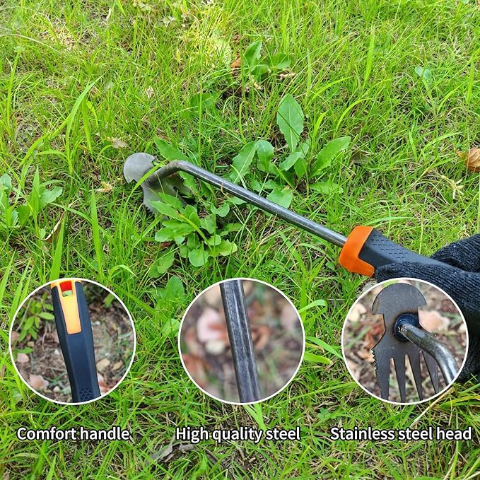 XIAONAN Weed Tool,Garden Weeder Puller Tool with Handle Manual Hand Weeder Tool 4 Teeth Dual Purpose Weeder High Strength Garden Weed Removal Tool for Garden Yard Farm (Rubber Handle)