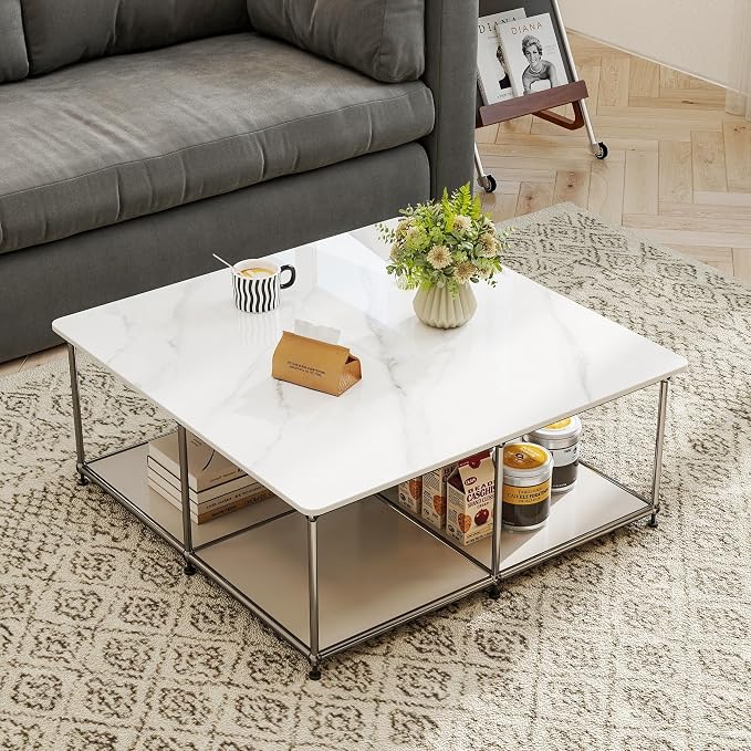 Square Table Top, 35.4” White Sintered Stone Tabletop, DIY Replacement & Cover Marble Desktop, Scratch & Wear Resistant, Suitable for Indoor & Outdoor