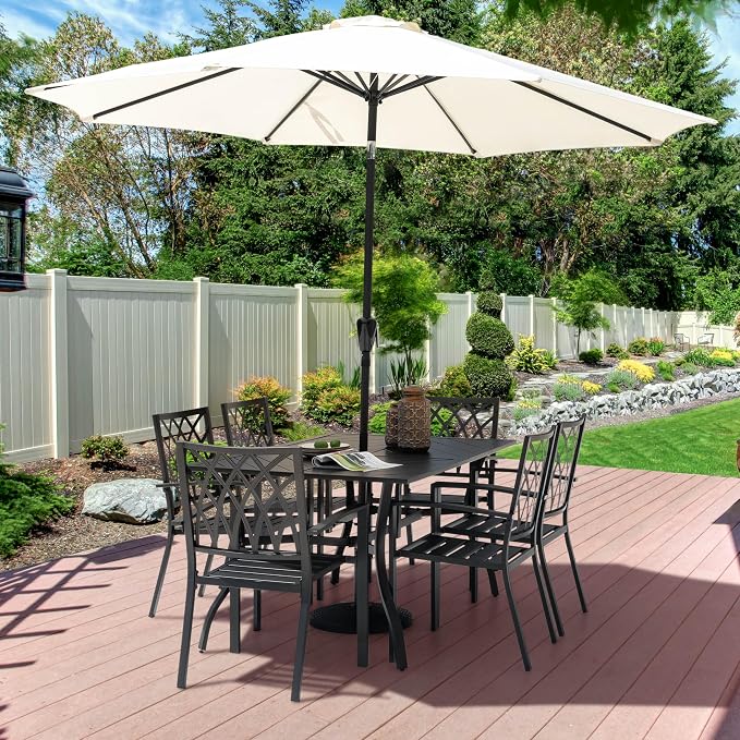 NUU GARDEN 7 Piece Outdoor Patio Dining Set, 6 Stackable Metal Patio Chairs and 61" x 37" Rectangular Patio Dining Table with 1.77" Umbrella Hole for Backyard, Patio, Garden, Black