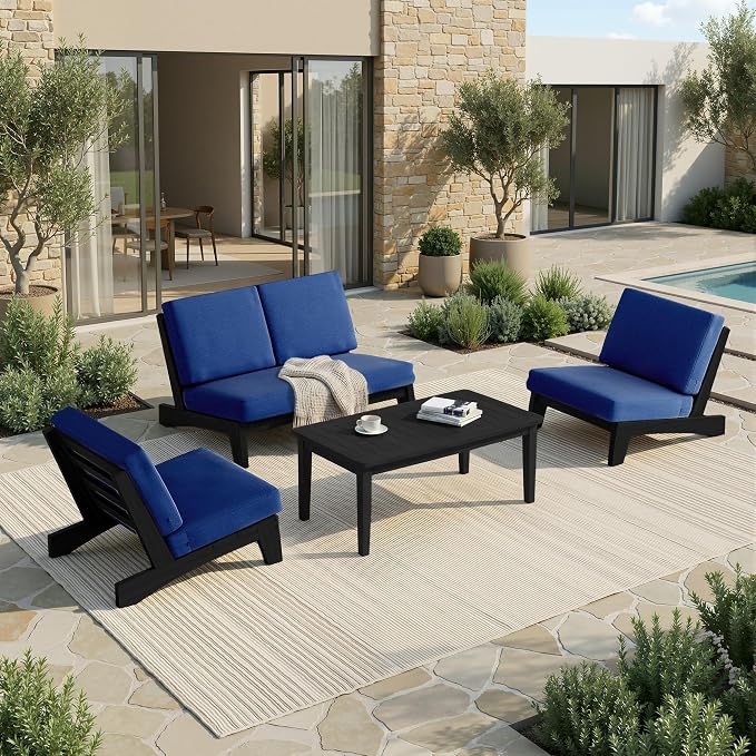 Pia Ricoo 4 Piece Patio Furniture Sets, Outdoor Loveseat Sofa Set with 2 Chairs & Coffee Table, Patio Conversation Set for Backyard, Deck, Lawn, Navy, Dark Wood