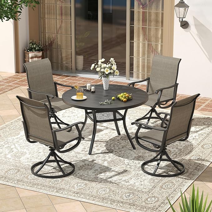VICLLAX Patio 5 Pieces Outdoor Dining Set, 40.6" Round Metal Table with Umbrella Hole and 4 Swivel Textilene Chairs for Lawn, Garden, Porch, Black/Brown