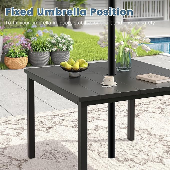 DIFY 5 Pieces Outdoor Patio Dining Set for 4, 40.2" Black Square Metal Dining Table and 4 Blue Stackable Textilene Patio Chairs, Outdoor Table and Chairs for Backyard Garden Poolside