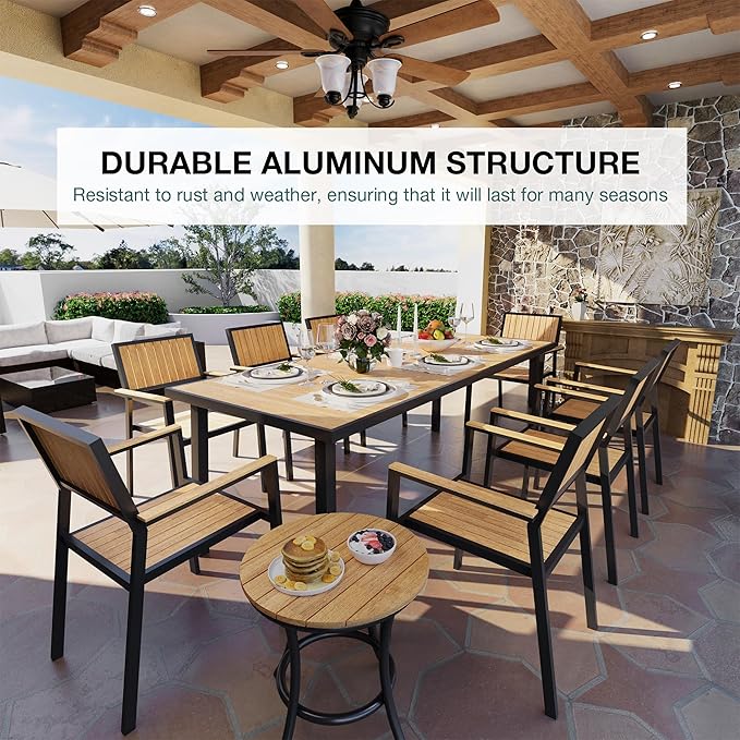 Pamapic 10-Piece Outdoor Dining Set, Patio Aluminum Furniture with Plastic-Wood Table Top & 8 Stackable Chairs, Outdoor Furniture Set for Patio Garden Poolside (Teak)