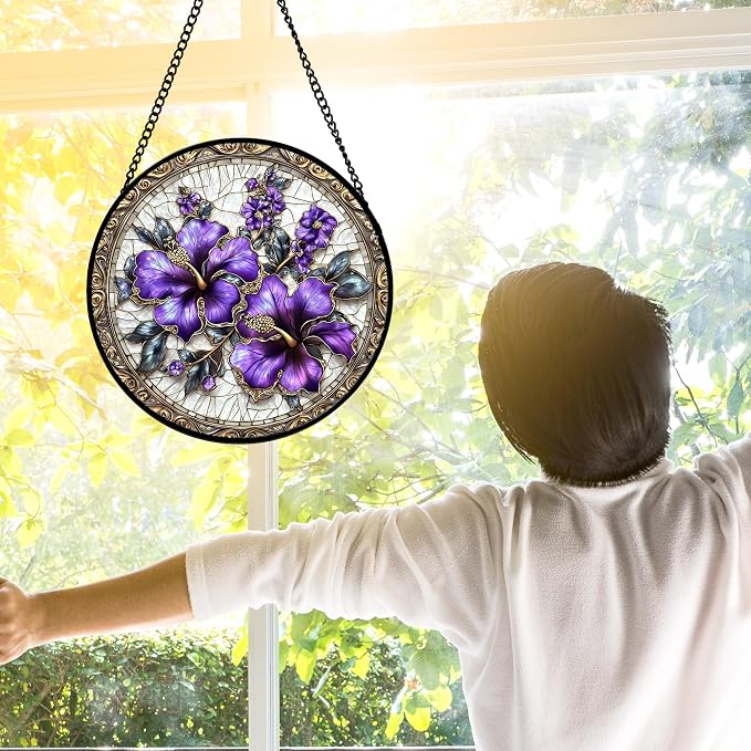 DASTOLL Stained Glass Window Hanging, Purple Flowers Romantic Suncatcher for Doors Home Sun Catchers Decoration and Christmas, Mother's Day Birthday Gifts for Women, Men, and Mom 11.8x11.8 in