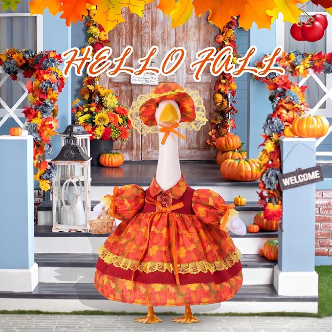 FuWeave Fall Porch Goose Outfit Maple Goose Costume Fancy Porch Geese Clothes with Wide Hat for 23" 17" Outdoor Patio